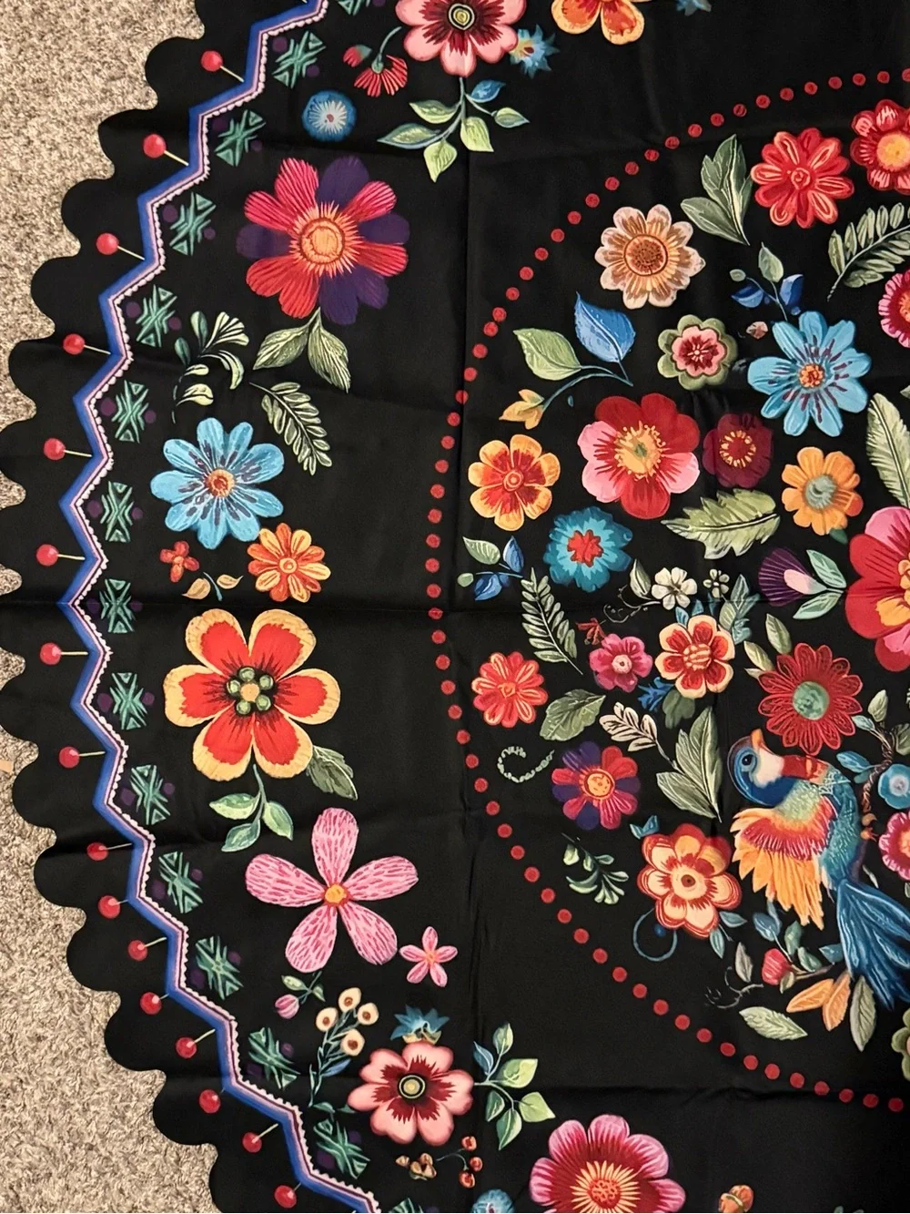 58”Round Black Floral Tablecloth with Multicolor Bloom Print
